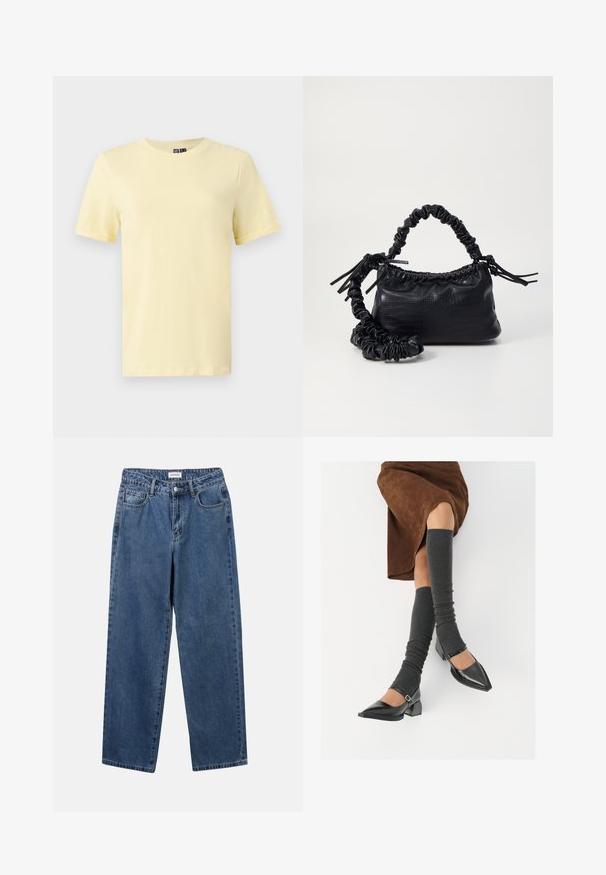 Gelbes kurzärmliges T-Shirt aus weicher Baumwolle mit rundem Ausschnitt, das eine glatte Textur aufweist und keine sichtbaren Muster oder Akzente hat.; Klassische blaue Denim-Jeans mit geradem Bein, fünf Taschen und Knopfverschluss. Sie verfügen über eine mittelblau gewaschene Optik und sind aus robuster Textur.; Schwarze lacklederne spitze Schuhe mit Blockabsatz und Knöchelriemen, kombiniert mit grauen gerippten Beinstulpen und einem braunen Wildlederrock.; Schwarze Handtasche aus Kunstleder mit Krokodilstruktur, gerafftem oberen Teil und einem geschoppten Tragegurt. Sie wirkt weich und kompakt im Design.