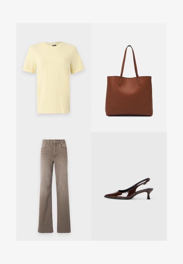 Žluté tričko s krátkým rukávem vyrobené z měkké bavlny s kulatým výstřihem. Má hladkou strukturu a žádné viditelné vzory nebo akcenty.; Hnědé džínsy s vysokým pasem, rovné nohy, předním knoflíkem, poutky na opasek a klasickým designem pěti kapes na bílém pozadí.; Hnědé lakované kožené slingback boty s špičatou špičkou a mírným podpatkem. Disponují přezkou pro bezpečné upevnění. Hladký povrch.; Hnědá kožená taška přes rameno s hladkou texturou, otevřeným designem a dvěma ramenními popruhy. Obsahuje minimální švy a žádné viditelné kovové prvky.
