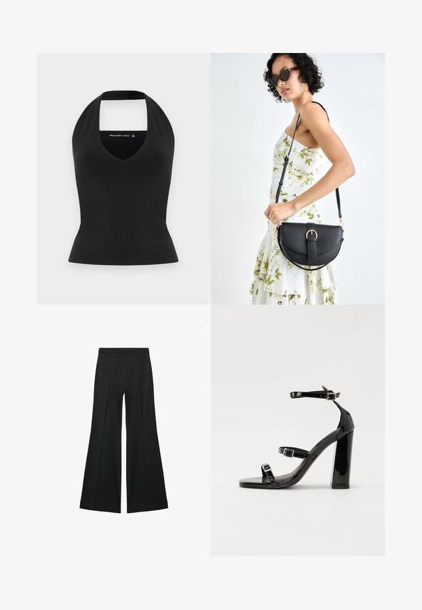 Top nero a collo alto con un profondo scollo a V e schiena scoperta, realizzato in un tessuto liscio, silhouette aderente, branding minimal in un colore a contrasto.; Pantaloni neri a gamba larga con una texture liscia, caratterizzati da pieghe frontali e un design sartoriale. Il tessuto è leggero e fluido.; Sandali con tacco in vernice nera, con punta squadrata, cinturini alla caviglia e fibbie in argento. Presentano un tacco a blocco spesso per maggiore stabilità.; Borsa a tracolla nera in pelle con una forma curva, manico rimovibile e accessori dorati. La borsa presenta una patta con un dettaglio a fibbia.