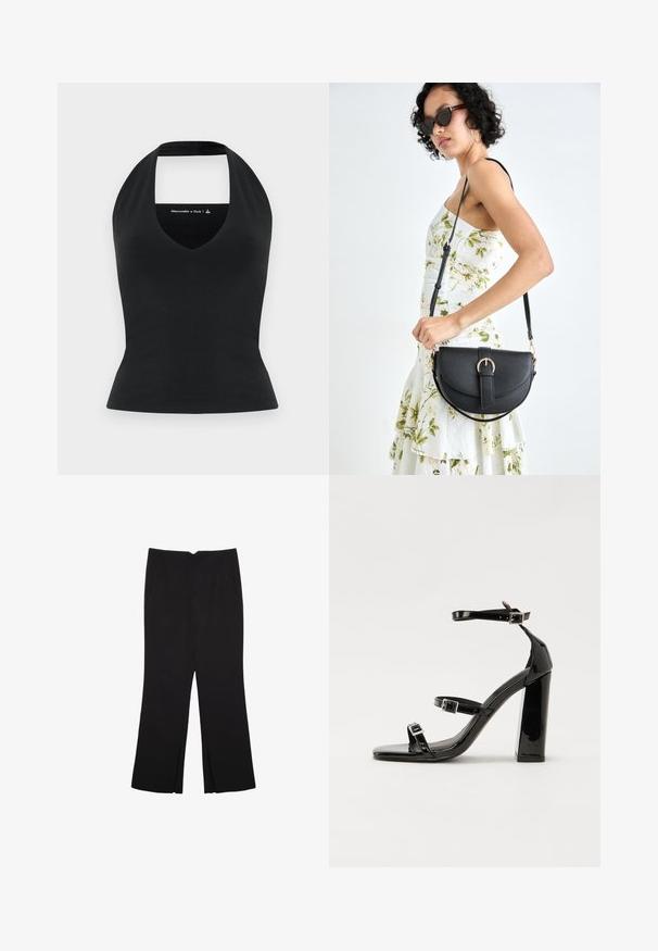 Haut à halter noir avec un décolleté en V profond et un dos ouvert, fabriqué à partir d'un tissu lisse, silhouette ajustée, branding minimal dans une couleur contrastante.; Pantalon noir avec une coupe droite, doté de poches avant et d'éclairs sur l'ourlet. Fabriqué en tissu doux et lisse. Convient à diverses occasions.; Sandales à talons vernies noires avec un bout carré, des sangles autour de la cheville et des boucles en argent. Dotées d'un talon bloc épais pour plus de stabilité.; Sac à main en cuir noir avec une forme courbée, bandoulière amovible et des accessoires en or. Le sac est doté d'un rabat avec un détail de boucle.