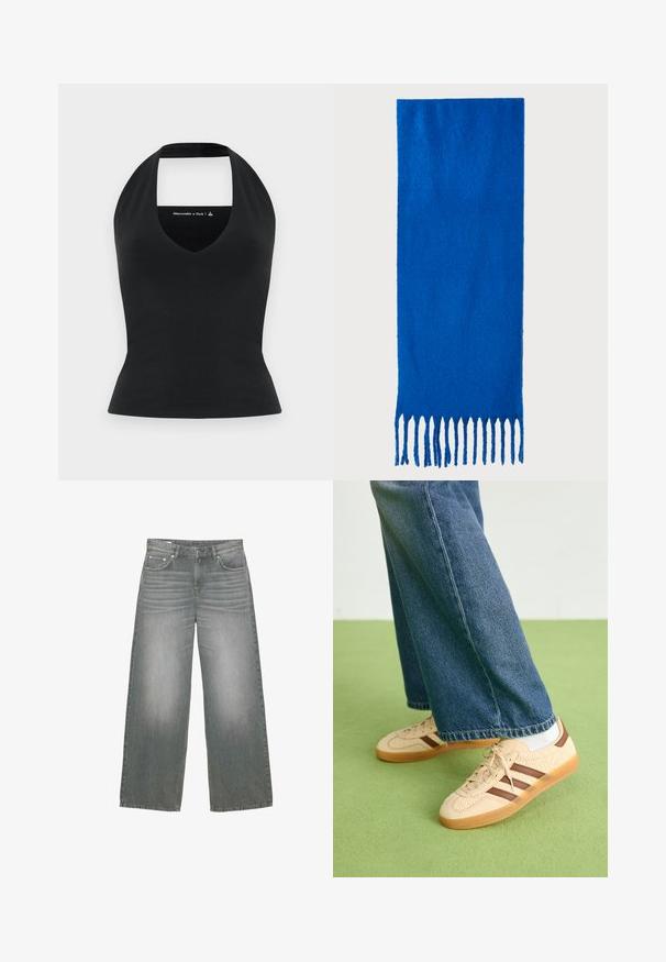 Fekete nyakpántos top mély V-nyakkal és nyitott hátrésszel, sima anyagból, testhez simuló fazonnal, minimális márkajelzéssel, kontrasztos színben.; Széles lábú, szürke farmernadrág, amely enyhén kopott textúrával, öt zsebes kialakítással és klasszikus gombos-cipzáras záródással rendelkezik.; Beige sportcipők textúrált krém színű panelek és barna csíkok részletezésével, kék farmernadrággal párosítva. A farmer széles szárú és rojtos szegéllyel rendelkezik.; Kék, rojtos sál puha anyagból; egyszínű, texturált felülettel rendelkezik, az alján pedig egyenletesen vágott rojttal van ellátva.; Beige színű textil bevásárlótáska barna mintás kiegészítőkkel. Ívelt forma jellemzi, egyetlen pánttal rendelkezik, és elöl egy logópanel található ezüst fém kiegészítőkkel.
