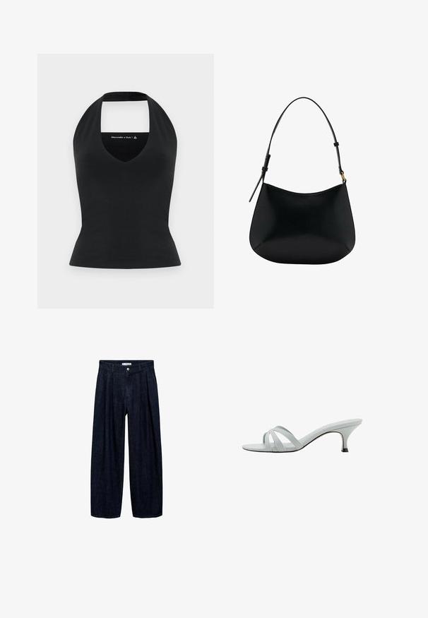 Top halter negru cu decolteu adânc în V și spate deschis, confecționat dintr-un material neted, cu o siluetă ajustată, branding minim într-o culoare contrastantă.; Pantaloni largi din denim închis, cu pliseuri la talie, având un button frontal și pasaje pentru curea. Textură netedă și design pe întreaga lungime.; Sandale cu toc gri deschis, cu trei curele încrucișate, un profil subțire și un toc îngust. Textură netedă cu un finisaj ușor lucios.; Geantă de umăr din piele neagră, cu o textură netedă, formă curbată și mânere ajustabile. Prezintă cusături minime și un design simplu.
