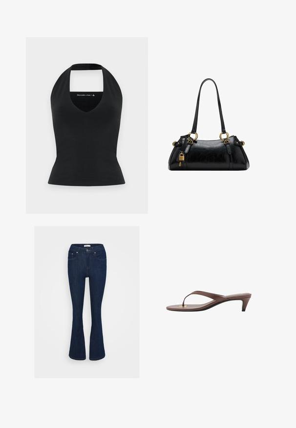 Schwarzes Halftertop mit tiefem V-Ausschnitt und offenem Rücken, aus glattem Stoff gefertigt, figurbetonter Schnitt, minimale Markenkennzeichnung in einer kontrastierenden Farbe.; Dunkelblaue Jeans im Bootcut-Stil mit klassischem Fünf-Taschen-Design, metallischem Knopfverschluss und Nähakzenten an den Taschen.; Braune, mit Absatz versehene Flip-Flop-Sandale mit einem schmalen Riemen und abgerundetem Zehensteg, der ein kleines goldfarbenes Akzent auf dem Fußbett aufweist.; Schwarze Ledertasche mit glatter Textur, runder Form, goldenen Hardware-Akzenten und zwei Griffen. Mit einem dekorativen Schloss an der Seite.