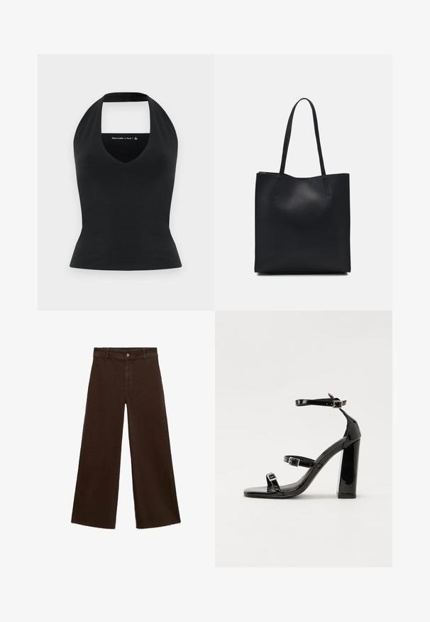 Svart halterneck-top med djup V-ringning och öppen rygg, tillverkad av ett slätt tyg, figurnära siluett, minimal logotyp i en kontrasterande färg.; Bruna breda byxor i bomullsblandning med fransar vid fållen, framknäppning och klassisk femfickdesign. Minimalistiska och mångsidiga.; Svarta lackerade klacksandaler med fyrkantig tå, ankelremmar och silverfärgade spännen. Har en kraftig blockklack för stabilitet.; Svart lädertoffelväska med slät textur, rektangulär form och två långa handtag. Ingen synlig hårdvara eller dekorationer.