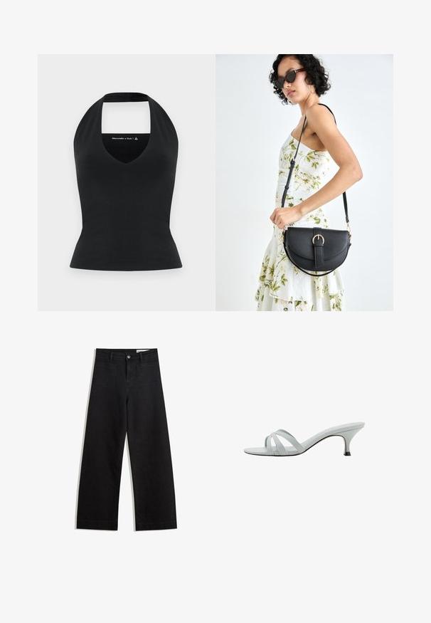 Schwarzes Halftertop mit tiefem V-Ausschnitt und offenem Rücken, aus glattem Stoff gefertigt, figurbetonter Schnitt, minimale Markenkennzeichnung in einer kontrastierenden Farbe.; Schwarze weit geschnittene Jeans mit hoher Taille, ausgestattet mit Vorder- und Hintertaschen, gesteppten Nähten und einem Knopfverschluss. Glatte Textur.; Hellgraue Absätze mit drei überkreuzten Riemen, schlankem Profil und spitz zulaufendem Absatz. Glatte Textur mit leicht glänzendem Finish.; Schwarze Lederhandtasche mit geschwungener Form, abnehmbarem Tragegurt und goldenen Beschlägen. Die Tasche verfügt über einen Deckel mit einer Schnallen-Details.