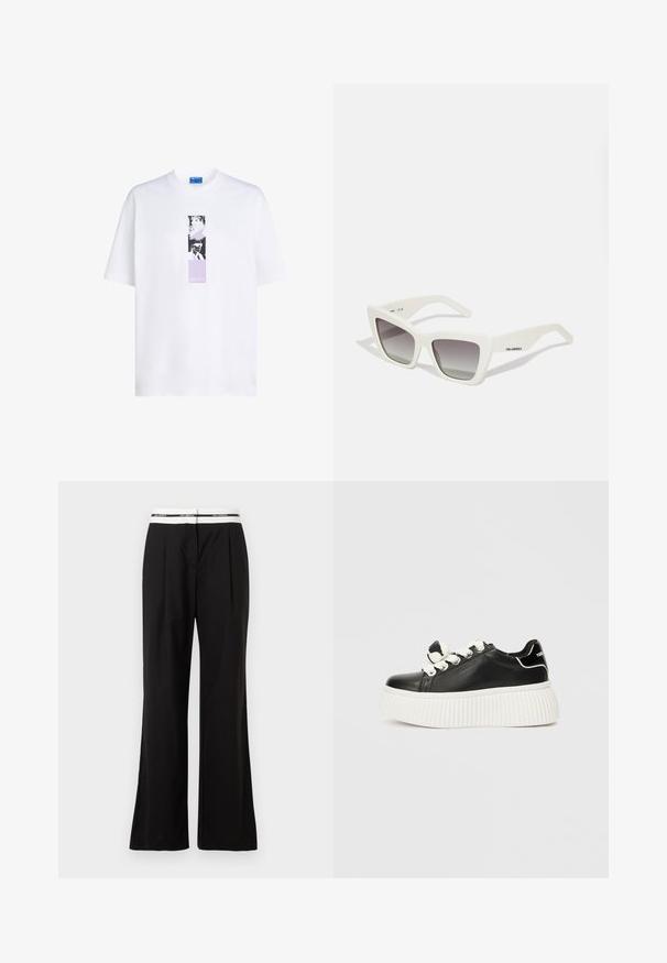 White cotton t-shirt with a round neckline, featuring a rectangular graphic print in black and lavender at the center. Short sleeves.; Black trousers with a relaxed fit, featuring a white elastic waistband with branding. Made of smooth fabric with a slight sheen.; Black leather sneaker with a thick white ribbed sole, featuring white shoelaces, and a decorative bow accent on the tongue.; White oversized sunglasses with a matte finish, angular design, gradient grey lenses, and subtle branding on the arm.