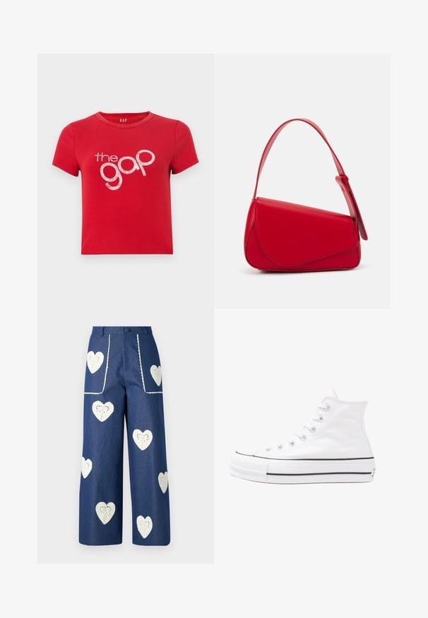 Rode katoenen T-shirt met korte mouwen, ronde hals en een groot glinsterend wit tekstlogo "the gap" in het midden. Eenvoudig ontwerp, geen patronen.; Sister Jane HEART TO HEART - Straight leg jeans - blue denim; Witte high-top canvas sneakers met een zwarte rubberen zool, een rubberen neuskap aan de voorkant en zes gaatjes voor veters, met een schone, minimalistische uitstraling.; Rode leren handtas met een hoekig, geometrisch ontwerp. Beschikt over een enkele verstelbare schouderriem en een klepclosure met gestikte details.
