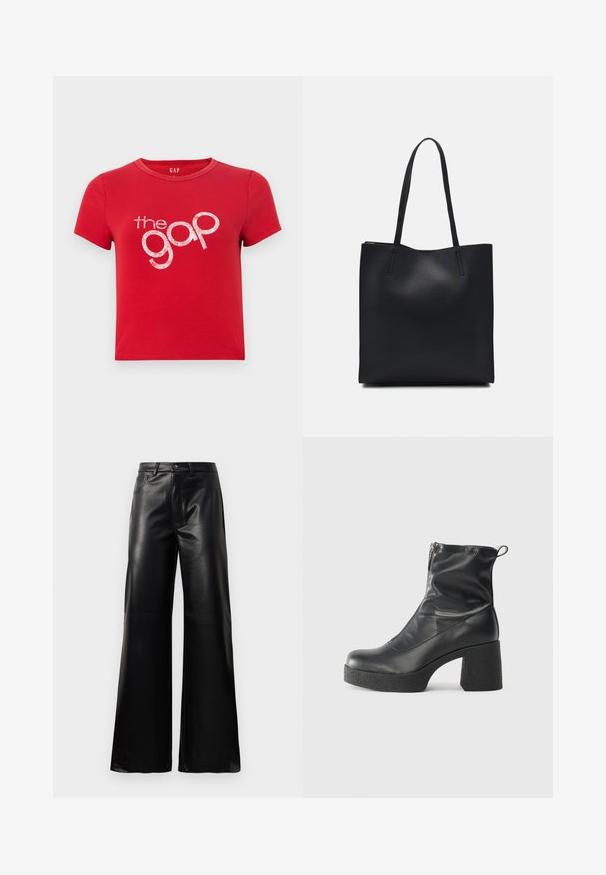 Red cotton t-shirt with short sleeves, round neck, and a large white glittery text logo "the gap" at the center. Simple design, no patterns.; Black high-waist wide-leg faux leather pants with front button, zip closure, belt loops, and side pockets on white background.; Black ankle boots made of smooth leather, featuring a side zipper, chunky textured heel, and rounded toe design.; Black leather tote bag with smooth texture, rectangular shape, and two long handles. No visible hardware or embellishments.