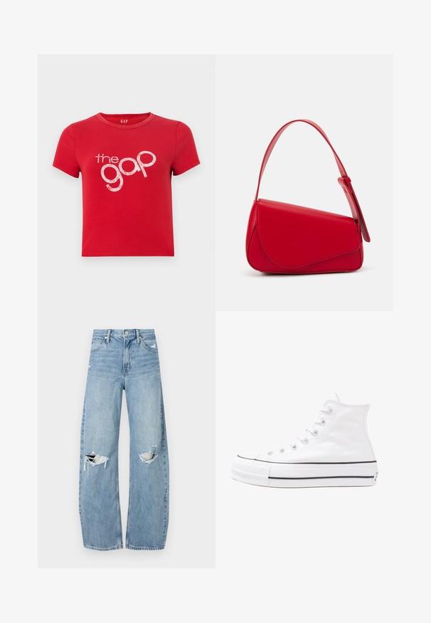 Camiseta de algodón roja con mangas cortas, cuello redondo y un gran logotipo de texto blanco brillante "the gap" en el centro. Diseño simple, sin patrones.; Vaqueros de mezclilla de tiro alto en azul claro. Tienen piernas anchas, dos áreas desgastadas en las rodillas y un estilo clásico de cinco bolsillos.; Zapatilla de lona alta blanca con suela de goma negra, puntera de goma frontal y seis ojetes para los cordones, que presenta un diseño limpio y minimalista.; Bolso de cuero rojo con un diseño angular y geométrico. Cuenta con una única correa ajustable y un cierre de solapa con detalles de costura.