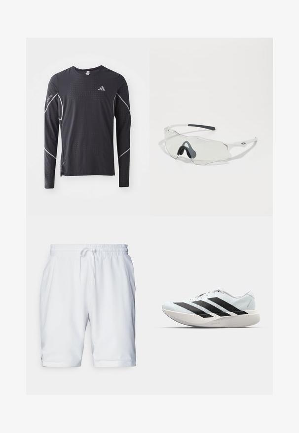 adidas Performance TEE - Tops ar garām piedurknēm - black; Baltas sporta šorts ar elastīgu jostu un regulējamu auklu. Gluda auduma struktūra ar nelielu tekstūru, ar sānu kabatām.; Gaiši zili vieglie skriešanas apavi ar melniem svītrainiem. Iezīmēti ar gludu augšpusi, apaļu purngalu un biezāko balto vidējo zoli, kurā ir uzraksts "LIGHTSTRIKE PRO."; Saulesbrilles ar caurspīdīgu lēcu, baltu rāmīti un pelēkiem gumijas deguna paliktņiem. Piedāvā elegantu dizainu, leņķveida formu un minimālas aparatūras akcentus.