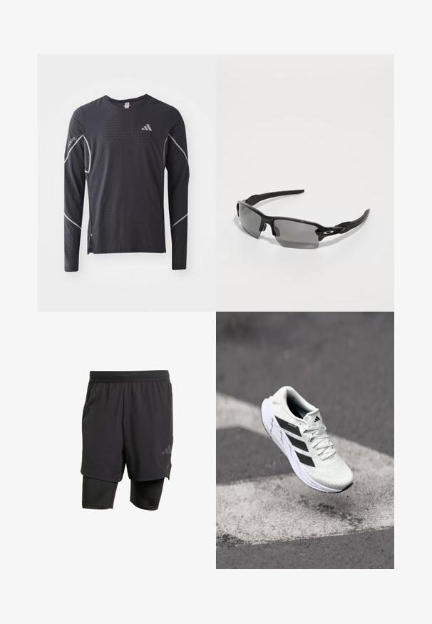 adidas Performance TEE - Long sleeved top - black; Black athletic shorts with integrated inner layer, made from breathable fabric. Features subtle logo and structured texture. Adjustable waistband.; White athletic shoe with textured mesh upper, black stripes, lace closure, and a cushioned sole, levitating above a marked road surface.; Black sports sunglasses with gray lenses, a curved frame design, and logo detail on the side. Made from lightweight plastic material.