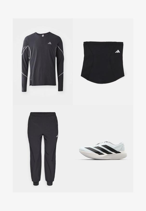 adidas Performance TEE - Langarmshirt - black; Schwarze Sporthose mit elastischem Bund, zwei seitlichen Reißverschlusstaschen, zulaufenden Beinenden und einem kleinen weißen Logo am oberen linken Oberschenkel.; Leichte Laufschuhe in hellblau mit schwarzen Streifen. Sie verfügen über ein glattes Obermaterial, eine runde Zehenpartie und eine dicke weiße Zwischensohle, die mit "LIGHTSTRIKE PRO" beschriftet ist.; Schwarzes Sport-Stirnband mit glatter Textur, geschwungener Form und elastischem oberen Teil. Verfügt über ein kleines weißes Adidas-Logo an der Seite.