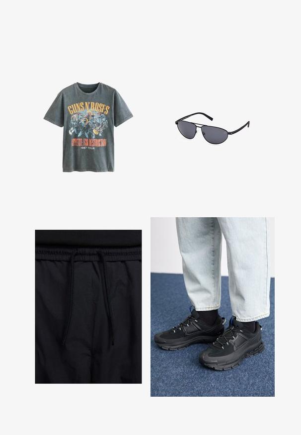 Next LICENSE REGULAR - T-Shirt print - charcoal grey guns n roses; Schwarze Shorts mit einem Kordelzugbund, leichtem Stoff mit glatter Textur und einem schlichten Design ohne sichtbare Logos oder Muster.; Schwarze Sportschuhe aus strukturiertem Stoff mit Gummisohlen, ausgestattet mit elastischen Schnürsenkeln und einem blauen Akzent an der Ferse. Getragen mit hellen Jeans.; Schwarze Aviator-Sonnenbrillen mit grauen Gläsern, dünnen Metallrahmen, geschwungener Form und Silikon-Nasenpolstern für zusätzlichen Komfort.