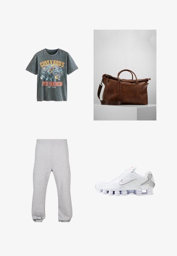 Next LICENSE REGULAR - Apdrukāts T-krekls - charcoal grey guns n roses; Pelēkās sporta bikses, kas izgatavotas no kokvilnas sajaukuma, ar elastīgu jostu, sašaurinātiem piedurknēm un iecirstiem apakšgaliem. Vienkāršs dizains bez rakstiem.; Balta sporta apava ar teksturētu sieta augšdaļu, sudraba Nike logo, polsterētu apkakli un unikālu caurspīdīgu plastmasas zoli ar atsperēm.; Brūna ādas ceļojumu soma ar rāvējslēdzēju, dubultām rokturiem, regulējamu plecu siksnu un redzamām tekstūras rakstu zīmēm virsmā.