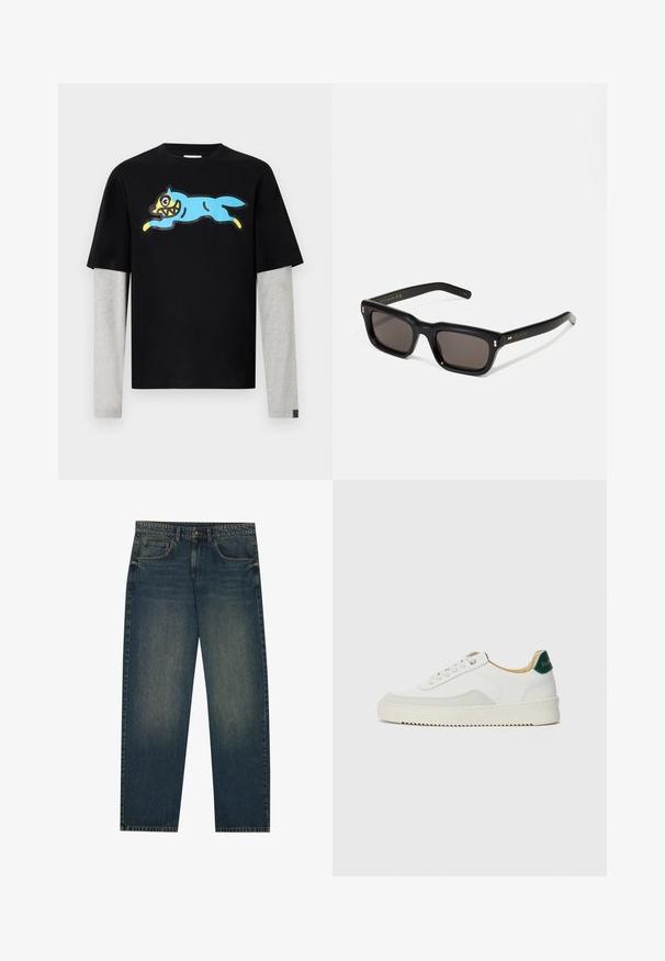 Icecream RUNNING DOG LAYERED - Langarmshirt - black; Mehrfarbiges Hemd mit Knopfleiste, das eine Mischung aus Mustern wie Blumen- und Grafikdrucks zeigt, mit einem schwarzen Kragen und langen Ärmeln.; Dunkelblaue Denim-Jeans mit geradem Schnitt, fünf Taschen-Design und leichter Waschung an den Beinen. Geeignet für legere Anlässe.; Weiße Sneaker mit Wildlederelementen, runder Zehenpartie, flachen Schnürsenkeln und einer cremefarbenen Gummisohle. Mit grünen Markenlogo am Fersenbereich.; Schwarze rechteckige Sonnenbrille mit dunklen Gläsern, dickem Kunststoffrahmen, goldenen Akzenten an den Bügeln und eingraviertem Markenlogo am Arm.; Schwarze Leder-Crossbody-Tasche mit einer Reißverschlusstasche vorne, geprägtem Logo und verstellbarem Tragegurt. Glatte Oberfläche mit strukturierter Form.