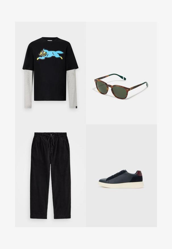 Icecream RUNNING DOG LAYERED - Topper langermet - black; Svart corduroybukser med avslappet passform, med elastisk midjebånd og snor, samt sidelommer. Stoffet har ribbet tekstur.; Lave herresko i sort læder og ruskind med maroon hælflap og hvid gummisål, set fra ydersiden.; Kameleontsolbriller med grønne linser, rund form, gullakenter og mørkegrønne stenger med en hvit stripe.