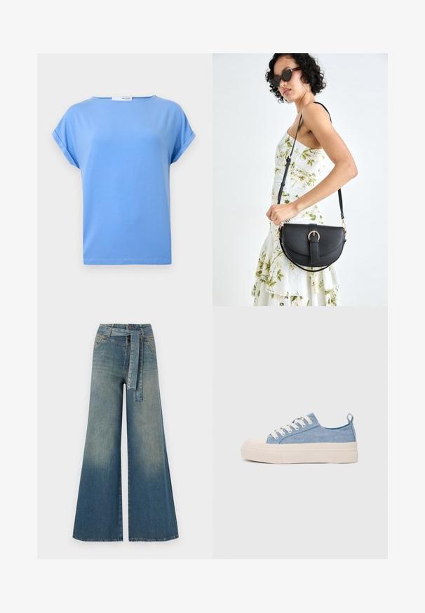 Šviesiai mėlyna trumpomis rankovėmis marškinėliai, pagaminti iš minkštos medvilnės. Turi laisvą kirpimą ir pasuktas rankoves su tiesia apatine dalimi.; Platus džinsinis kelnes su šviesiai tamsiai mėlynu gradientu, aukštu juosmeniu, diržo kilpomis ir atitinkančiu audinio diržu. Textūruotas džinsinis paviršius.; Šviesiai mėlyni drobės sportbačiai su kreminiu guminiu pirštų apsaugos ir pado elementu, balti raišteliai ir kilpa ant kulno.; Juodas odinis krepšys su išlenkta forma, nuimamu dirželiu ir auksiniais detalėmis. Krepšys turi kilpą su sagtimi.