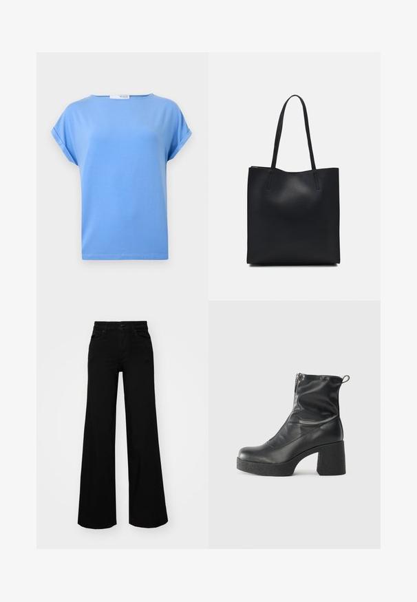 T-shirt de mangas curtas azul claro, feito de algodão suave. Apresenta um corte descontraído, mangas enroladas e uma bainha reta.; Calças largas pretas em denim, com uma cintura estruturada, passantes para cinto e bolsos frontais. Textura suave com um design clássico.; Botas de tornozelo pretas feitas de couro liso, com fecho lateral, salto grosso texturizado e design de bico arredondado.; Bolsa tote preta em couro com textura lisa, forma retangular e duas alças longas. Sem hardware ou enfeites visíveis.