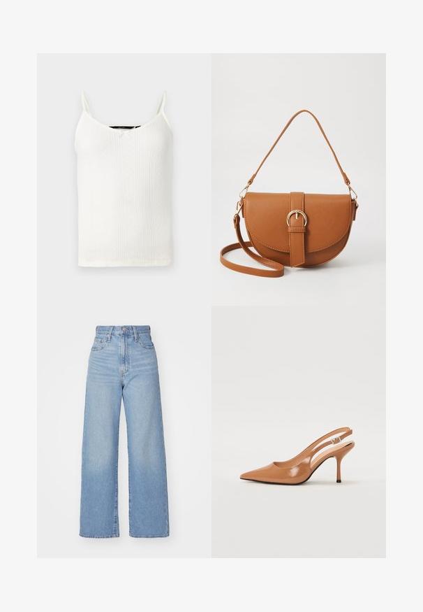 Valge kampsun õhukeste rihmadega, millel on V-kaelus, sooniline tekstuur ja väiksed teemantmustrid läbi kanga.; Heledad sinine kõrge vöökohaga laiad teksad, ees nupp ja tõmblukk, ees ja taga taskud, valge tausta peal.; Küüntega slingback konts, mis on valmistatud siledast ja läikivast tan värvi materjalist. Omab kaarjat lõigatud disaini ja õhukest stiletto kontsa. Hõbedane pandla detail.; Pruun nahast õlakott, millel on kumer kuju, kullavärvi riistvara ja pandlaga kaunistus. Omab eemaldatavat õlarihma.