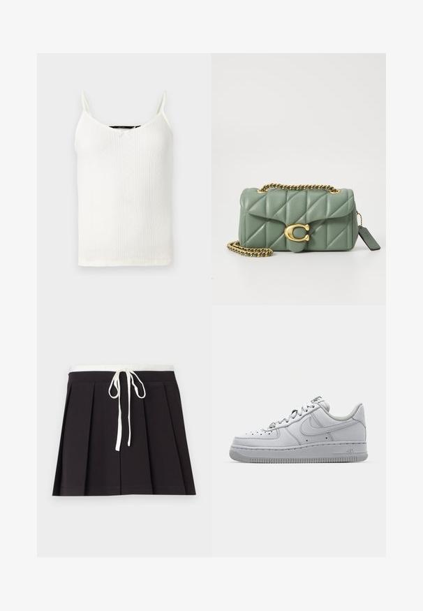 Camisola bianca con spalline sottili, caratterizzata da un collo a V, texture a coste e piccoli motivi a diamante su tutta la stoffa.; Gonna nera plissettata con vita in cordoncino bianco intrecciato. Realizzata in tessuto morbido, presenta una texture liscia e un design semplice e classico.; Sneaker in pelle bianca con design a collo basso, punta tondeggiante, dettagli perforati e suola in gomma testurizzata. Presenta accenti grigi sulla linguetta.; COACH TABBY SHOULDER BAG 20 WITH PILLOW QUILTING - Borsa a tracolla - sage