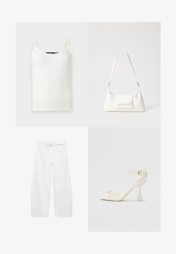 White camisole with thin straps, featuring a V-neckline, ribbed texture, and small diamond patterns throughout the fabric.; White wide-leg pants made of lightweight fabric, featuring a drawstring waist, two front pockets, and simple metal hardware accents.; Strappy high-heeled sandal in white leather with a sleek design, a transparent block heel, and a decorative element at the toe.; White synthetic handbag with a triangular shape, flat front flap and bow detail, adjustable strap, smooth texture, and minimalistic design.