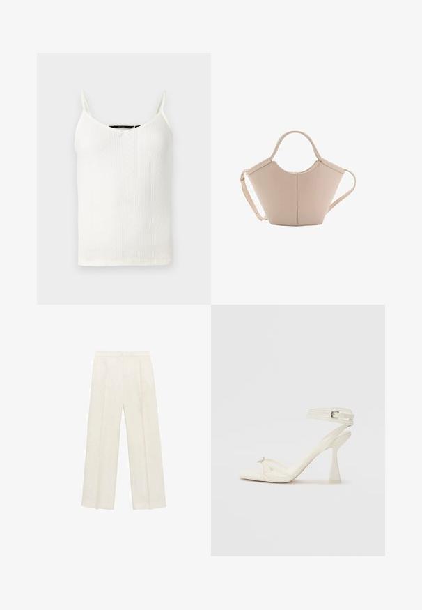 Weißes Top mit dünnen Trägern, V-Ausschnitt, gerippter Textur und kleinen Diamantmustern im gesamten Stoff.; Weit geschnittene Hosen in einem hellen cremefarbenen Farbton. Hergestellt aus einem glatten Stoff mit Falten an der Vorderseite und seitlichen Taschen.; Sandaletten aus weißem Leder mit hohen Absätzen, schlankem Design, transparentem Blockabsatz und einem dekorativen Element an der Zehe.; Beige Lederhandtasche mit einer einzigartigen Form, die zwei kurze Henkel und einen langen verstellbaren Riemen aufweist. Glatte Textur mit minimalen Hardware-Elementen.