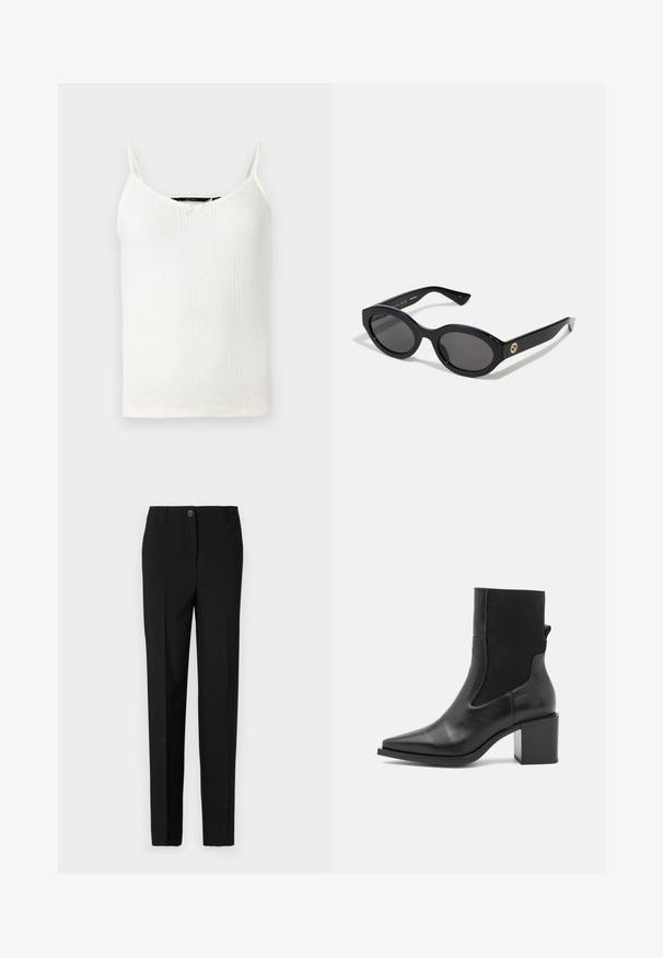 Camiseta blanca sin mangas con tirantes finos, con un escote en V, textura acanalada y pequeños patrones de diamante en toda la tela.; Pantalones negros ajustados con un diseño de pierna recta, con cierre de botón y trabillas para cinturón, fabricados con tela suave.; Botín negro hasta el tobillo con punta afilada, hecho de cuero suave y tejido elástico. Presenta un tacón cuadrado y un diseño minimalista.; Gafas de sol negras en forma ovalada con lentes oscuros y montura de plástico brillante. Presenta un logo dorado en la patilla, ofreciendo un diseño elegante y moderno.; Bolso de mano de tela con un patrón azul, que presenta una forma curva, una correa de cuero negra y un diseño de logo en un tono más claro.