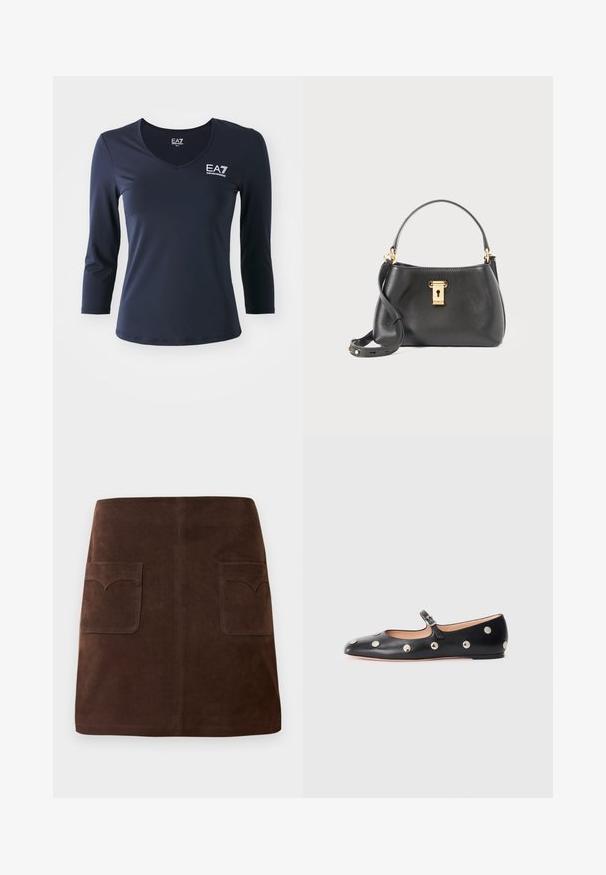 Námořnická modrá blůza s dlouhým rukávem a výstřihem ve tvaru V, vyrobená z hladkého materiálu. Obsahuje logo EA7 na hrudi a má přiléhavý střih s jednoduchým a čistým designem.; Hnedá semišová sukňa s klasickým A-silhouette, dvoma prednými vreckami so zaoblenými klapkami a jemnými detailmi prešitia.; Čierne kožené baleríny typu Mary Jane s okrúhlou špičkou, so striebornými kruhovými cvokmi a nastaviteľným remienkom so sponou.; Čierna kožená kabelka s textúrovaným povrchom, vybavená zlatým uzamykacím systémom, krátkym držadlom a odnímateľným ramenným popruhom.