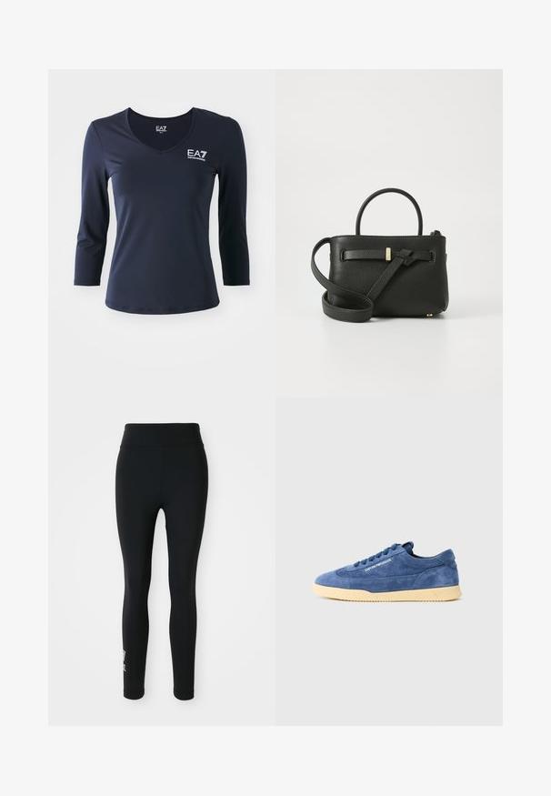 Morska plava majica dugih rukava s V-izrezom, izrađena od glatkoga materijala. Ima EA7 logotip na prsima i prilagođeni dizajn, s jednostavnim, čistim krojem.; Crne tajice od rastezljivog materijala, sa visokim strukom i malim otisnutim logotipom na jednoj nozi. Glatka tekstura, dizajn koji se prilagođava tijelu.; Plave antilop tenisice niske sa kremastom potplatom, vezicama i logotipom "EMPORIO ARMANI" sa strane, fotografirane na jednostavnoj bijeloj pozadini.; Crna kožna torbica s teksturiranim završetkom, gornjim ručkama i dugim podesivim remenom. Sadrži akcent u zlatnoj boji na prednjoj strani.