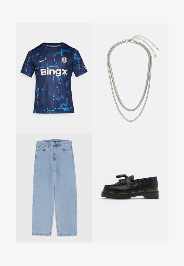 Blaues und marineblaues Fußballtrikot aus glattem Stoff, mit blauen grafischen Mustern, einem runden Kragen, dem Nike-Logo und dem Text "Bingx".; Hellblaue Jeans aus Denim mit geradem Bein, ausgestattet mit einer mittelhohen Taille, fünf Taschen sowie einem Knopf- und Reißverschluss.; Schwarze Lederloafers mit einem fransenverzierten Akzent, ausgestattet mit einer robusten schwarzen Sohle und gelber Naht entlang der Kante. Texturierte Oberfläche.; Dreischichtige Halskette aus Silbermetall mit schlanken, flexiblen Ketten mit leichtem Glanz, gesichert mit einem Karabinerverschluss und verstellbarer Kette.