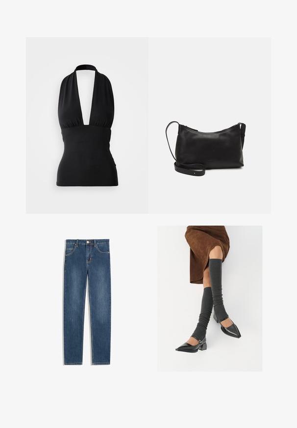 Sort halterneck top med en dyb V-hals, rynket liv og tætsiddende silhuet. Glat, strækbart stof uden synlige mønstre.; Mørkeblå denim jeans med lige pasform, fem lommer, diskrete syninger og en metalknap ved taljen.; Sorte patenterede lædersko med spids tå, blokhæl og ankelrem, kombineret med grå ribbede benvarmere og en brun ruskinds nederdel.; Sort læder skuldertaske med en glat tekstur, buet form, justerbar rem og lynlås. Minimalistisk design uden udsmykninger.