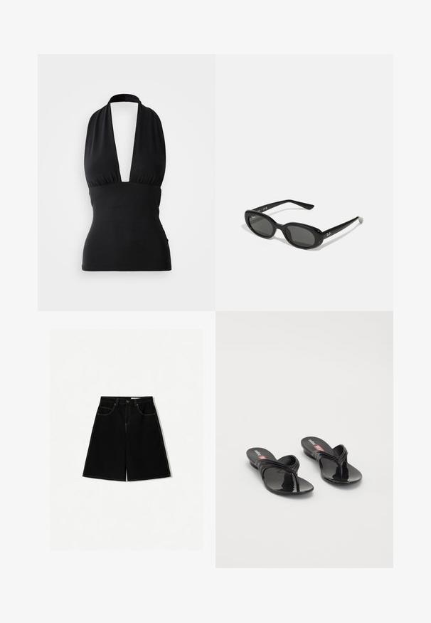 Top nero con scollo all'americana caratterizzato da una profonda scollatura a V, un corpetto arricciato e una silhouette aderente. Tessuto liscio e elastico senza motivi visibili.; Pantaloni shorts di denim neri con vestibilità ampia, dotati di cinque tasche, dettagli di cucitura gialla e design a vita media.; Melissa MELISSA QUANTUM THONG X DIESEL - Infradito - black; Occhiali da sole neri con lenti ovali, montatura in plastica lucida e stecche sottili. Presentano il logo Ray-Ban in bianco sul lato.; Bracciale in resina nera con superficie liscia e lucida e bordi arrotondati. Presenta un piccolo logo dorato "Pilgrim" all'interno.