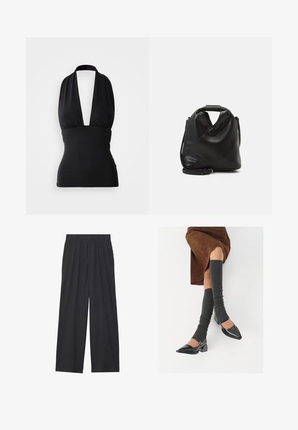 Top negru cu gât halter, având un decolteu adânc în formă de V, un corset plisat și o siluetă ajustată. Material neted, elastic, fără motive vizibile.; Pantaloni largi dintr-un material gri închis. Prezintă pliuri la talie, un design ajustat și o siluetă dreaptă.; Pantofi negri din piele lacuită, cu vârful ascuțit, toc bloc și curea la glezna, asortați cu jambiere gri cu nervuri și o fustă din suede maro.; Geantă din piele moale, neagră, cu un design unic, răsucit. Dispune de o mânere scurtă și o curea de umăr detașabilă. Stil minimalist.