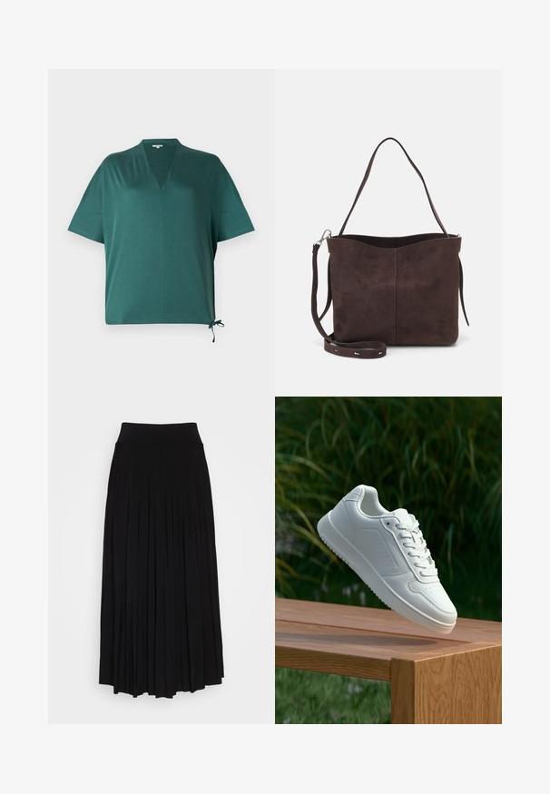 Dark green relaxed-fit top with a V-neck, short sleeves, and a side tie detail. Made from a smooth, lightweight material.; Black pleated skirt with a high, stretchy waistband. Made from soft fabric, featuring vertical pleats for a flowing silhouette.; White sneaker with a smooth synthetic upper, perforated toe box, flat laces, and a textured sole, displayed on a wooden surface.; Brown suede tote bag with a soft texture, featuring a single shoulder strap and a subtle curved top opening. No visible hardware details.