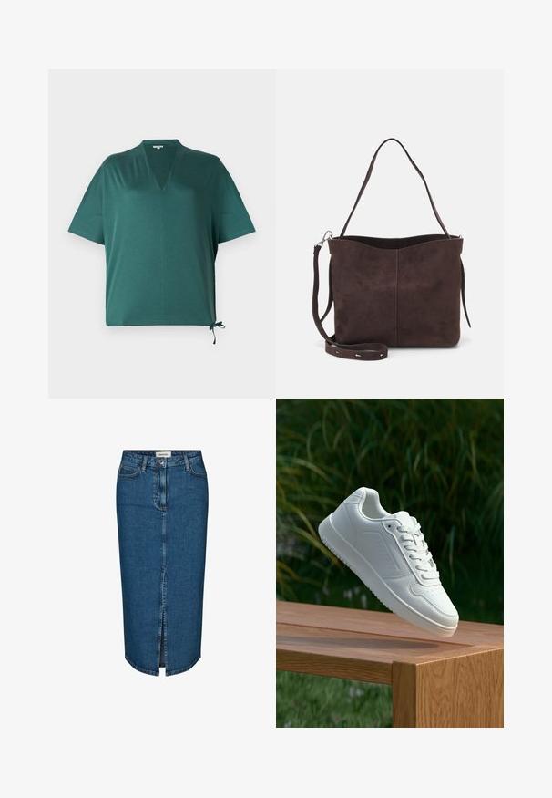 Top verde scuro in tessuto morbido e leggero, dal taglio morbido, con scollatura a V, maniche corte e dettaglio con nodo laterale.; Gonna a tubino in denim blu scuro, con uno spacco frontale, cinque tasche e cuciture a contrasto. Vita medio-alta con un design classico.; Sneaker bianco con tomaia in sintetico liscio, punta perforata, lacci piatti e suola testurizzata, esposto su una superficie di legno.; Borsa a spalla in suede marrone con una texture morbida, caratterizzata da una singola tracolla e un'apertura superiore leggermente curvata. Nessun dettaglio hardware visibile.