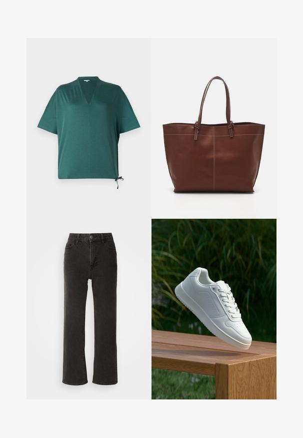 Mørkegrøn afslappet top med V-hals, korte ærmer og sidebindedetalje. Lavet af et glat, let materiale.; Sorte vide benjeans lavet af denim, med en frontknaplukning, bæltesløjfer og fem lommer, der har en let falmet tekstur.; Hvid sneaker med en glat syntetisk overdel, perforeret tåboks, flade snørebånd og en tekstureret sål, præsenteret på en træoverflade.; Brun læder tote taske med dobbelt håndtag, har kontraststing og et rummeligt design, velegnet til daglig brug.