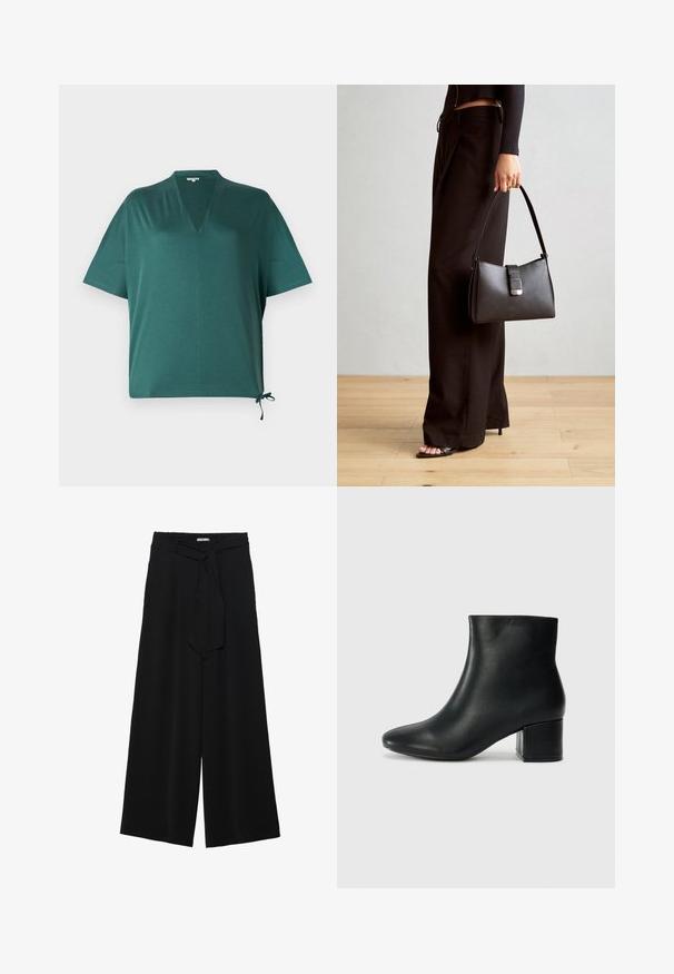 Ciemnozielona, luźna bluzka z dekoltem w serek, krótkimi rękawami i bocznym wiązaniem. Wykonana z gładkiego, lekkiego materiału.; Czarne spodnie szerokie z teksturowanej tkaniny, z elastycznym paskiem w talii i odpinanym paskiem w talii dla regulowanego dopasowania.; Czarne skórzane botki za kostkę z ostrym noskiem i masywnym obcasem. Gładka tekstura z minimalnymi akcentami i elegancki, dopasowany fason.; Czarna torebka o usztywnionym kształcie, gładkiej fakturze i metalowym zapięciem. Połączona z szerokimi czarnymi spodniami i sandałami na otwartym palcu na drewnianej podłodze.