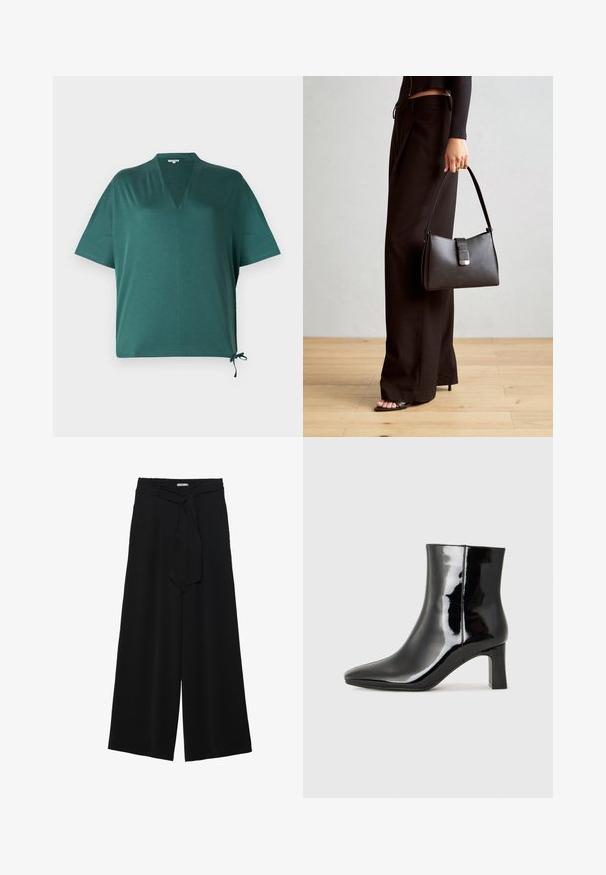 Tmavozelený top voľného strihu s výstrihom do V, krátkymi rukávmi a bočným zaväzovaním. Vyrobený z hladkého, ľahkého materiálu.; Čierne široké nohavice s textúrovanou tkaninou, elastickým pásom a odnímateľným viazaním na páse pre nastaviteľné priliehanie.; Čierne lakované členkové topánky s špicatou špičkou a stredne vysokým blokovým podpätkom. Hladká textúra a minimalistický dizajn.; Čierna kabelka so štruktúrovaným tvarom, hladkou textúrou a kovovou sponou. V kombinácii so širokými čiernymi nohavicami a sandálmi s otvorenou špičkou na drevenej podlahe.