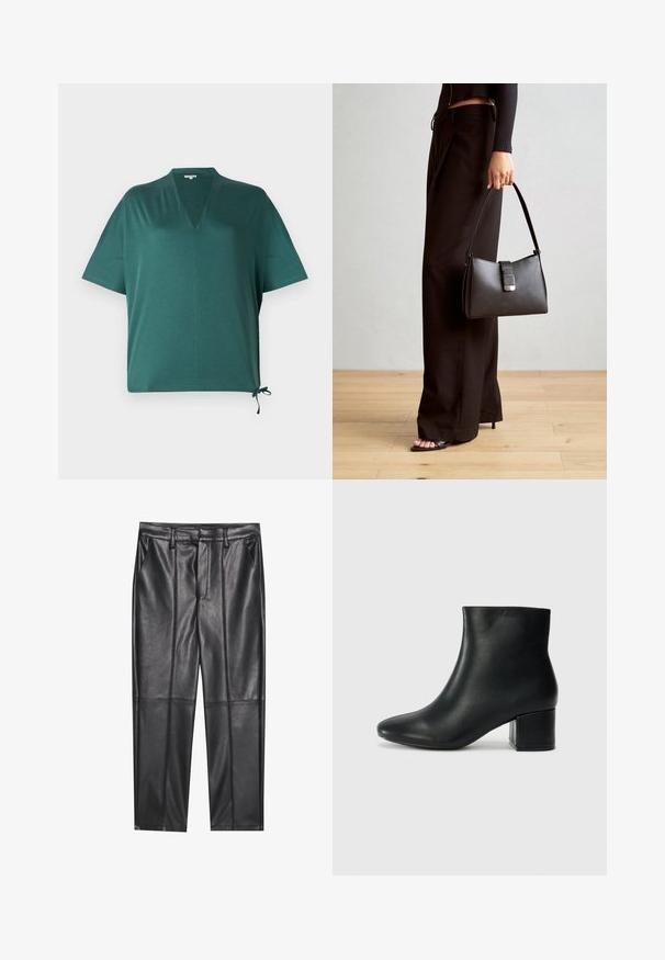 Tume roheline vabalt langev pluus V-kaelusega, lühikeste varrukatega ja külje lipsuga detailiga. Valmistatud siledast, kergest materjalist.; Mustad nahkpüksid sileda tekstuuriga, sirge lõikega, kahe eesmine taskuga ja nähtavate õmblusteta.; Mustad nahast pahkluu saapad terava varbaga ja jämeda kandaga. Sile tekstuur minimaalse aktsentidega ja stiilne, lihvitud disain.; Must musta kott, millel on struktureeritud kuju, sile tekstuur ja metallist klamber. Kombineeritud laiate mustade pükstega ja avatud varvaste sandaalidega puidust põrandal.
