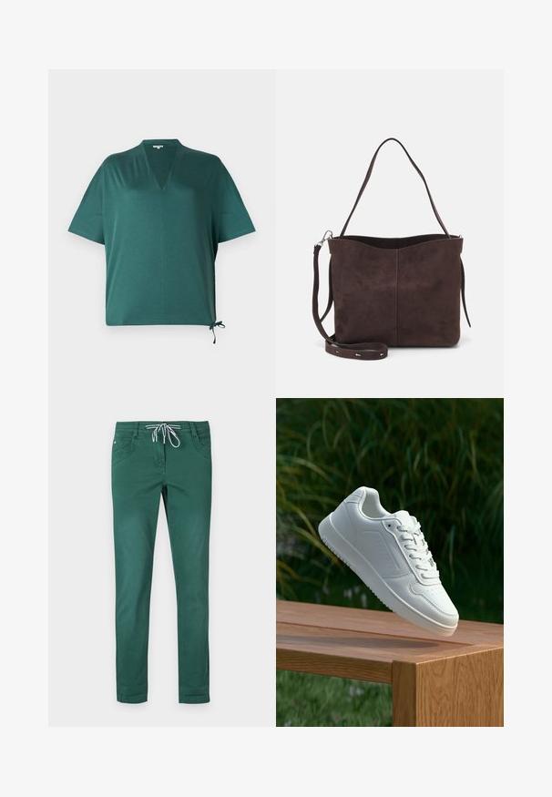 Top de culoare verde închis, cu croială lejeră, de tip V, mâneci scurte și detaliu de legare pe lateral. Fabricat dintr-un material neted și ușor.; Pantaloni verzi din amestec de bumbac cu un design drept, talie cu șnur și două buzunare frontale. Textură netedă și fără modele.; Sneaker alb cu un upper sintetic neted, cu vârf perforat, șireturi plate și o talpă texturată, expus pe o suprafață de lemn.; Geantă tote din suede maro, cu o textură moale, având un singur mânere pentru umăr și o deschidere superioară subtil curbată. Fără detalii hardware vizibile.