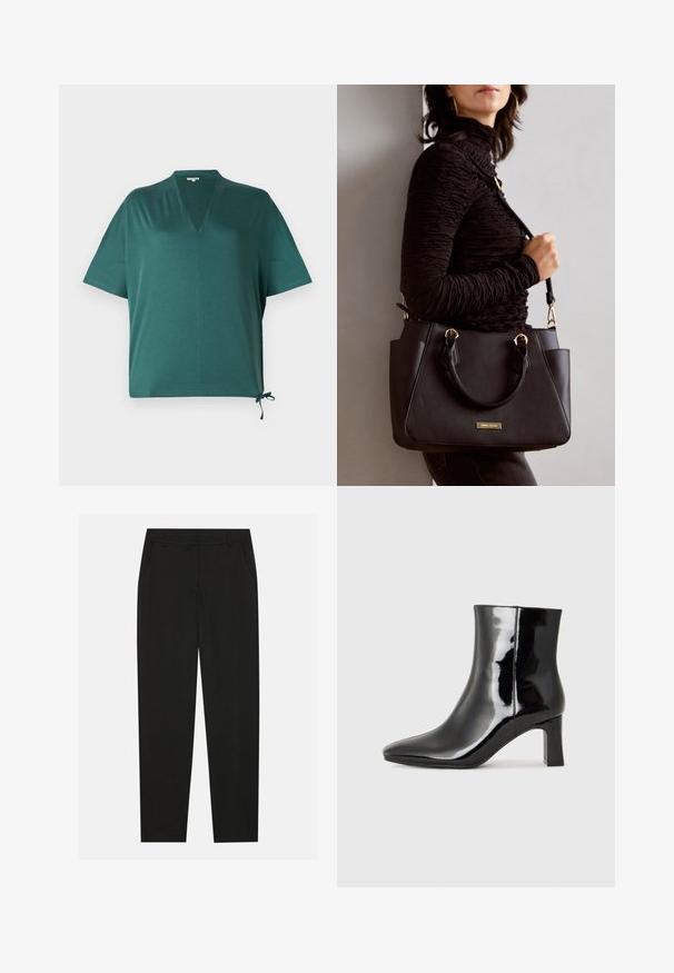 Mørkegrøn afslappet top med V-hals, korte ærmer og sidebindedetalje. Lavet af et glat, let materiale.; Sorte bukser med en skræddersyet design, der har sidelommer og lige ben. Lavet af glat, letvægtsstof med en elegant finish.; Sort lakeret ankelstøvle med spids tå og en midt-højde blokhæl. Glat tekstur og minimalistisk design.; Sort håndtaske med struktureret overflade, dobbelt topbærere og justerbar skulderrem. Udstyret med guldfarvet metalhardware og sidelommer.