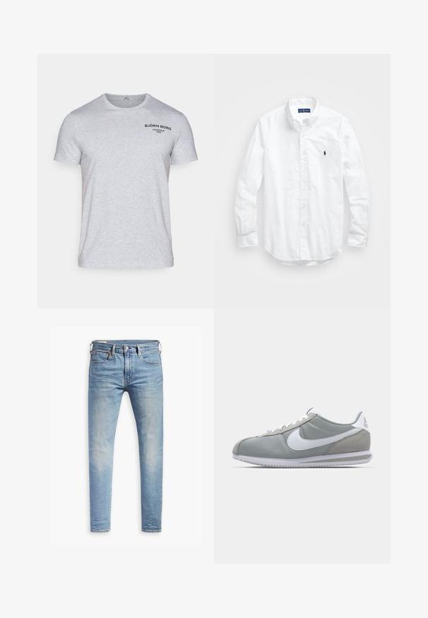 Gaiši pelēks kokvilnas T-krekls ar īsām piedurknēm un aplokšņa kakla izgriezumu. Melns logs uzdrukāts kreisajā augšējā krūšu daļā.; Balta garām piedurknēm pogājamā krekla izgatavots no kokvilnas. Iezīmē klasisku apkakli, poga aproces un mazu tumši zilu izšūtu logo uz krūšu.; Gaiši zili pieguļoši džinsi ar nelielu izbalēšanu uz gurniem, ar pogu aizdari priekšā, jostas cilpām un piecu kabatu stilu uz baltā fona.; Pelēkie sporta apavi ar zamša un tekstila augšu, balto Nike logotipu un baltiem šņorēm. Iezīmējas ar strukturētu gumijas zoli un mīkstu apkaklīti.