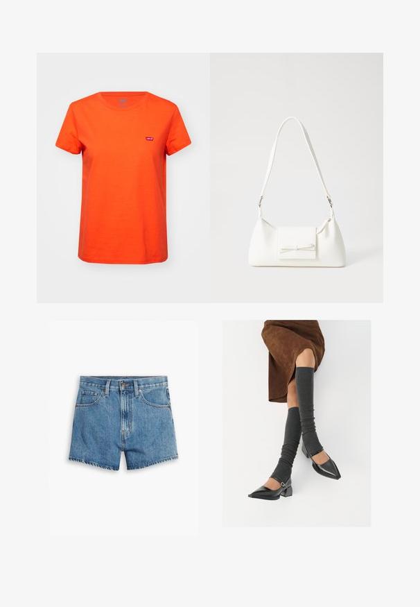 Levi's® Apdrukāts T-krekls - orange; Gaiši zili džinsu šorti, kas aprīkoti ar piecām kabatām, rāvējslēdzēja aizdari un pogu aizdari. Apakšmala ir saplēsta, un izskats ir brīvs.; Melnas laka ādas apavi ar norādītu purngalu, blokveida papēdi un potīšu jostu, saskaņoti ar pelēkām ribotām kāju sildītājām un brūnu zamšādas svārku.; Balta sintētiska soma ar trīsstūrveida formu, plakanu priekšējo vāciņu un loku detaļu, regulējamu siksnu, gludu tekstūru un minimālistisku dizainu.