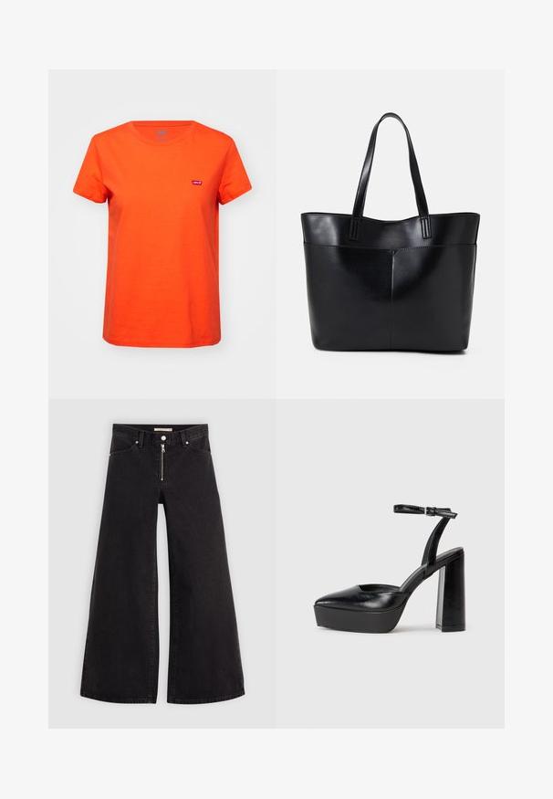 Levi's® Print T-shirt - orange; Wide-leg jeans in black denim with a zippered front, five-pocket design, and subtle stitching details. Smooth texture and casual style.; Black platform heels with a pointed toe and adjustable ankle strap. Constructed from smooth leather, featuring a chunky block heel.; Black leather tote bag with two long handles, a smooth texture, and a structured shape. Features a front pocket for additional storage.