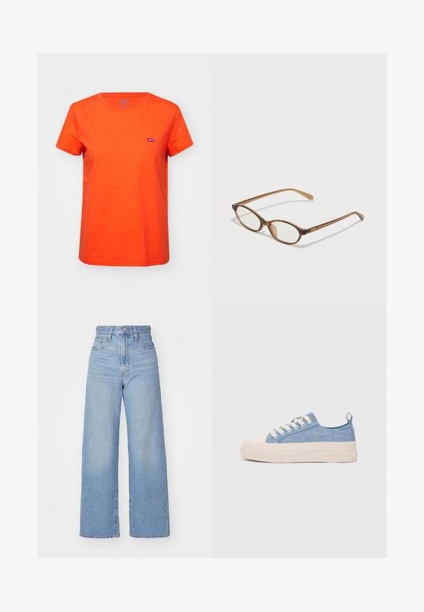 Levi's® T-shirt estampada - orange; Jean de perna larga azul claro feito de denim. Possui cintura alta, design de cinco bolsos e fechamento por botão. Corte reto com barra limpa.; Ténis de lona azul claro com uma biqueira e sola de borracha creme, apresentando atacadores brancos e uma alça na parte de trás.; Óculos tortoiseshell castanhos com lentes ovais, hastes finas e acabamentos transparentes. Apresenta um logótipo subtil na têmpora. Design elegante e leve.