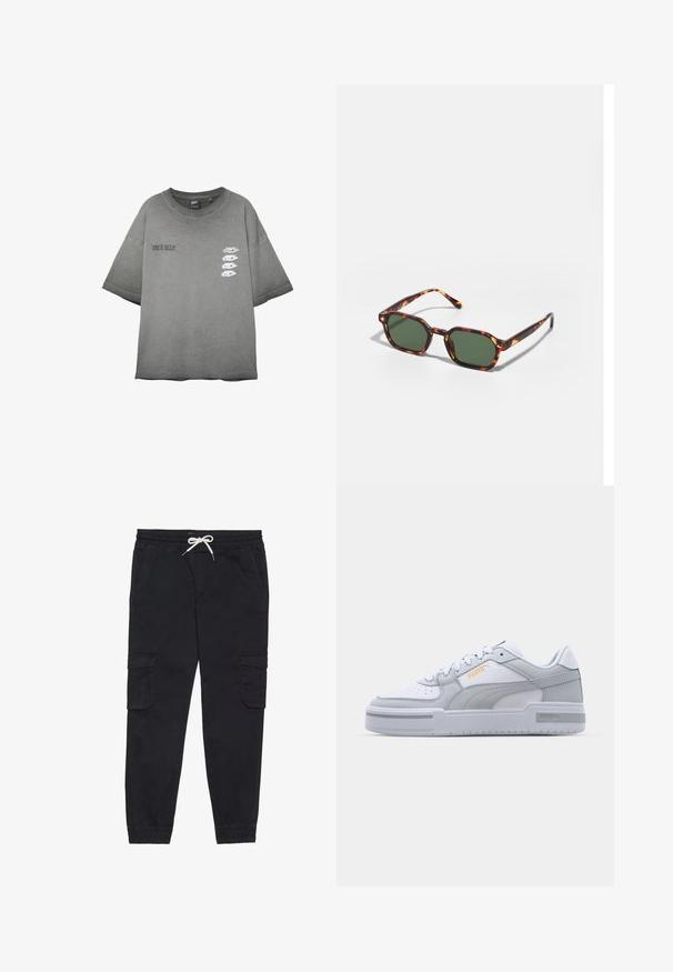 Harmaa ylisuurennettu T-paita, jossa on "TRUE SELF" -teksti vasemmassa rinnassa ja neljä valkoista silmägrafiikkaa pystysuorassa linjassa oikeassa rinnassa.; Mustat cargo-housut, jotka on valmistettu puuvillasta ja joissa on elastinen vyötärönauha kiristysnyörillä, sivutaskut ja kapenevat lahkeet.; Harmaat ja valkoiset lenkkarit, joissa on sileä nahkapinta, rei'itetty varvastoppa, nauhakiinnitys, teksturoituja yksityiskohtia ja hillitty kultainen logo.; Kilpikonnakuosiset aurinkolasit vihreillä linsseillä, joissa on oktaalinen muoto ja kapeat, kaarevat varret. Materiaalissa on kiiltävä pinta.