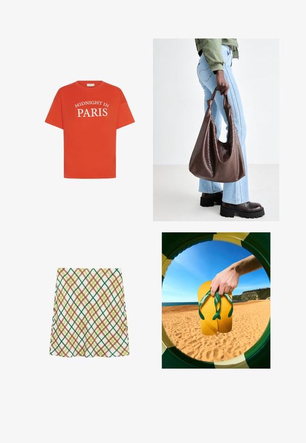 Oranges Baumwoll-T-Shirt mit kurzen Ärmeln, auf dem in einem gewölbten Design in Weiß der Text "MIDNIGHT IN PARIS" über die Vorderseite gedruckt ist.; Weißer A-Linien-Rock mit grün-braun-gelben karierten Kreuzmustern, knielang, auf einem weißen Hintergrund präsentiert.; Gelbe Flip-Flops mit grünen Riemen und strukturierten Sohlen werden von einer Hand gehalten, gesehen durch einen kreisförmigen Rahmen vor einer Strandkulisse.; Braune gewebte Leder-Handtasche mit geknoteten Griffen, die von einer Person in hellblauen Jeans und schwarzen klobigen Schuhen getragen wird. Glatte, strukturierte Oberfläche.