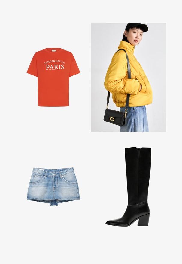 Oranžna bombažna majica s kratkimi rokavi, ki ima bele nesrečne napise "SREDO V PARIZU" v ukrivljenem dizajnu čez sprednji del.; Denim kratke hlače v svetlo modri barvi z izrabljenim videzom. Imajo pet žepov in sprednje zapiranje na gumb. Klasičen kroj s ravnim robom.; Črne gležnjarje do kolen iz gladkega usnja, z ostrim nosom, blokinim peto in V-oblikovanim izrezom na vrhu.; Rumena oblazinjena jakna z visokim ovratnikom in sprednjim žepom, v kombinaciji s črno torbico čez ramo z zlatimi dodatki. Priložnostni denim hlače.