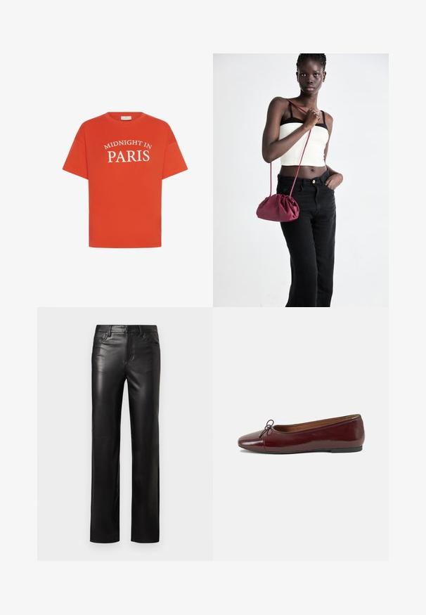 Oranžna bombažna majica s kratkimi rokavi, ki ima bele nesrečne napise "SREDO V PARIZU" v ukrivljenem dizajnu čez sprednji del.; Črne usnjene hlače s ravnim krojem, z gumbnim zapiranjem in sprednjimi žepi. Gladka površina z diskretnimi šivi.; Burgundska patenti usnjeni baletni čevlji z zaobljenim prstom, majhnim lokom na sprednji strani in nizkim črnim gumijastim podplatom. Gladka tekstura.; Burgundska mehka torbica z zbranim dizajnom in dolgim trakom, nošena čez telo. Model nosi belo kratko majico in črne kavbojke.