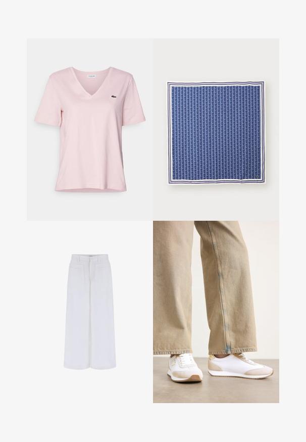 Světle růžové bavlněné tričko s výstřihem do V a krátkými rukávy, na levé části hrudníku má malé zelené vyšívané logo krokodýla.; Bílé široké kalhoty s hladkým povrchem, včetně dvou předních kapes a zapínáním na knoflík, navržené pro uvolněný střih.; Bílé tenisky s béžovým semišovým akcentem, plochým zavazováním na tkaničky a gumovou podrážkou, kombinované se světle béžovými džíny rovného střihu.; Námořnicky modrý hedvábný čtvercový šátek s geometrickým vzorem, orámovaný bílými a tmavě modrými pruhy. Logo v pravém dolním rohu.